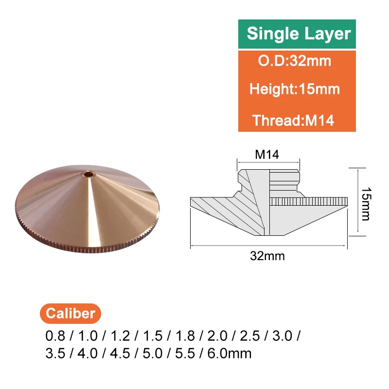 Diámetro del cabezal de corte por láser de fibra 32 mm más boquilla de máquina de soldadura CNC Diámetro de capa simple y doble 0.8-6.0 Rosca 14 mm